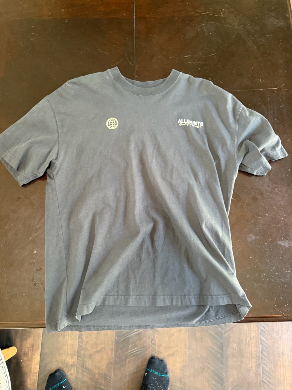 All Saints Men’s Dark Gray Logo Crew Neck T-Shirt